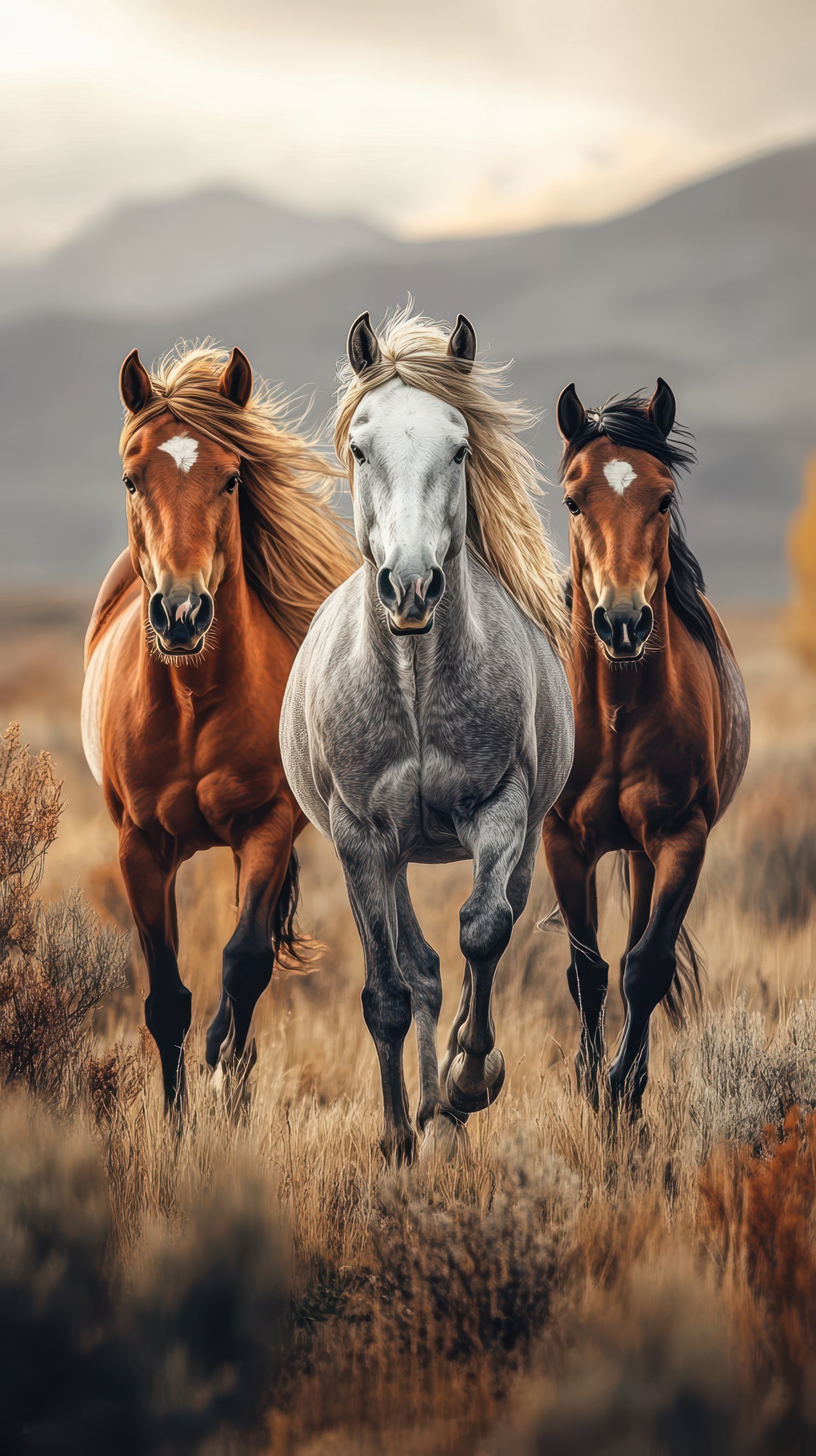 Majestic horses galloping through a golden meadow during sunset in the serene countryside